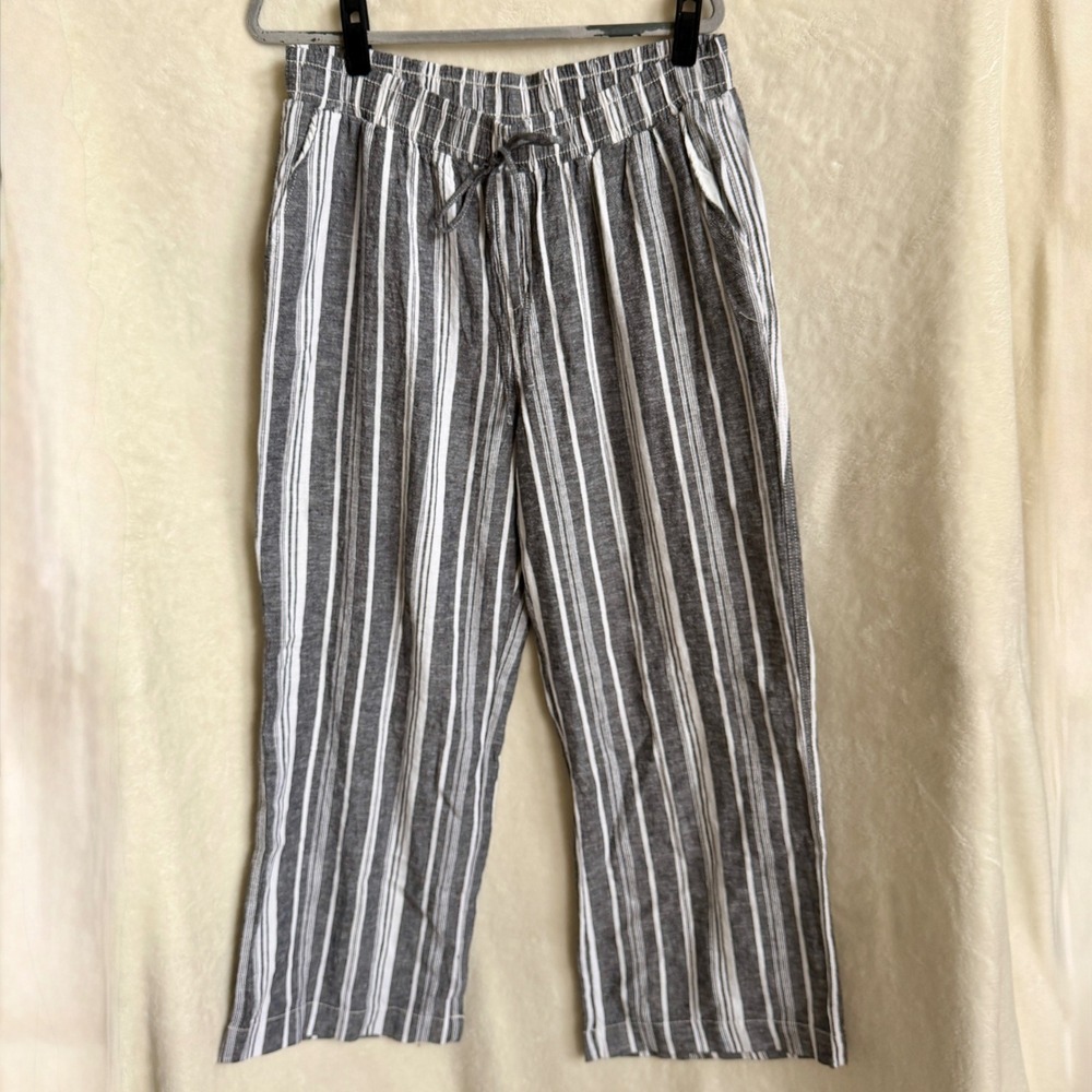 Briggs Womens Gray White Striped Wide Leg Linen Blend Pants Drawstring Sz XL